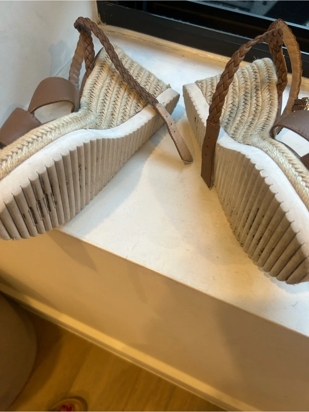 Stuart Weitzman Tan Braided Espadrille Wedge Sandals